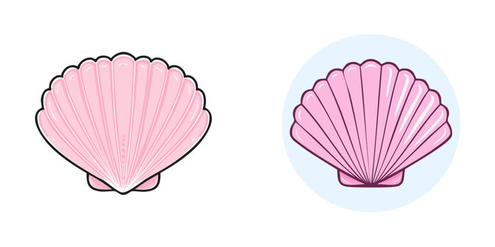 Pink scallop shells illustration set isolated on white and in circle
