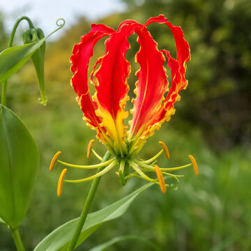 Flame Lily close-up in natural tropical grassland, fiery curled petals