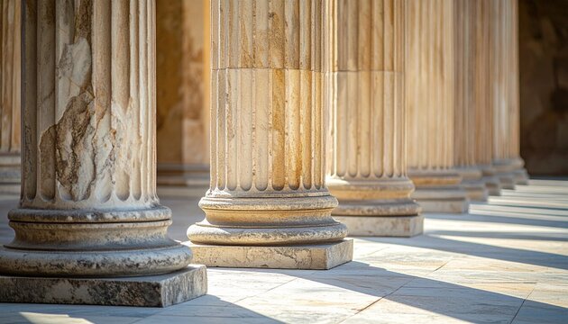 Row of classical columns with sunlight creating shadows on the ground.