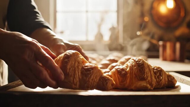 Skilled hands carefully arrange a batch of freshly baked, golden croissants, still warm and steaming, on a baking tray, embodying the delightful artisan craft of home baking