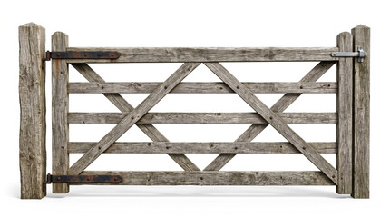 Obraz premium Old wooden gate with crisscross design on white background