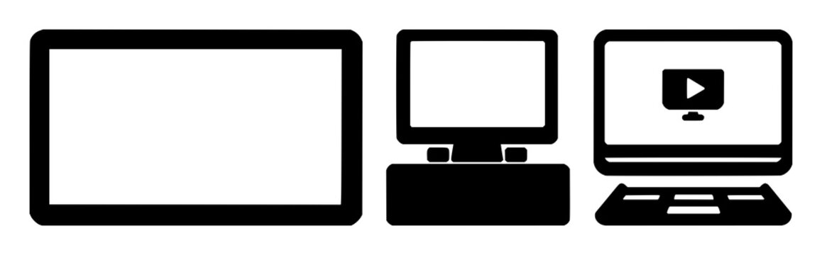 Online course video set with solid black icon on white background featuring video playback, learning module, digital lesson with symbol and screen