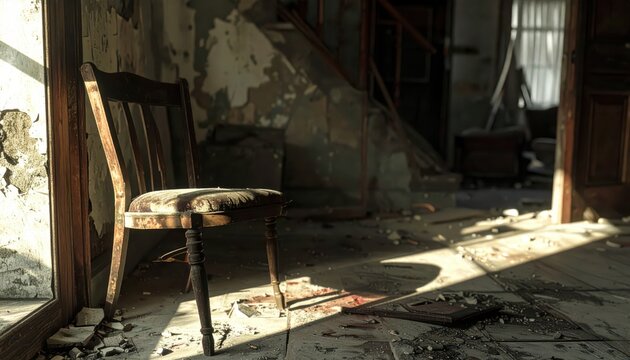 A broken wooden chair with splayed legs rests against a crumbling wall in a derelict interior, illuminated by dramatic sunlight.