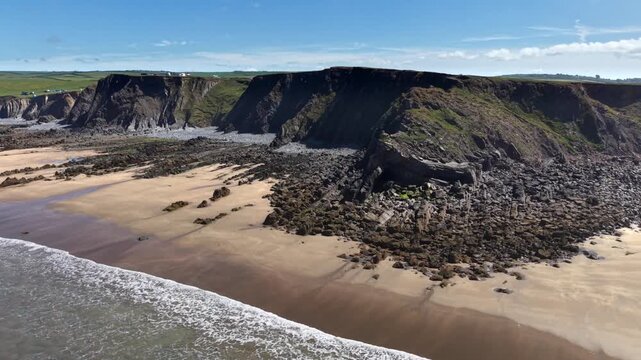 Drone view at low tide near Northcott Mouth Cornwall