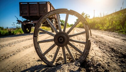 Obraz premium A Broken Wooden Wagon Wheel Lying in a Dusty Rural Roadway with a Tractor in the Background