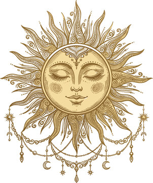Mystical celestial sun face vector illustration with decorative gold ornaments stars and crescent moons on white background