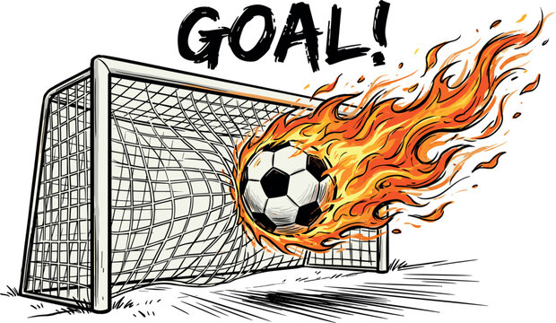 Soccer ball on fire hitting the net with goal text hand drawn sketch illustration on white background