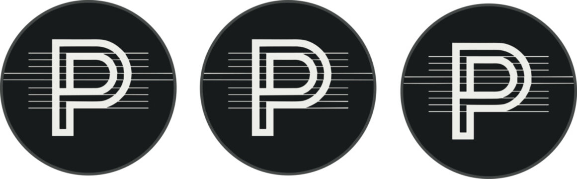 Minimalist letter P monogram logo set with geometric lines inside dark circles isolated on white background