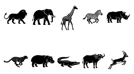 Fototapeta premium Black silhouette safari animal icon collection with clean vector style featuring iconic African wildlife isolated on white background for branding and educational design.