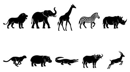 Fototapeta premium Black silhouette safari animal icon collection with clean vector style featuring iconic African wildlife isolated on white background for branding and educational design.