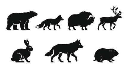 Fototapeta premium Forest animal silhouette icon collection with elegant woodland wildlife illustrations isolated on white background for outdoor and nature-themed design.
