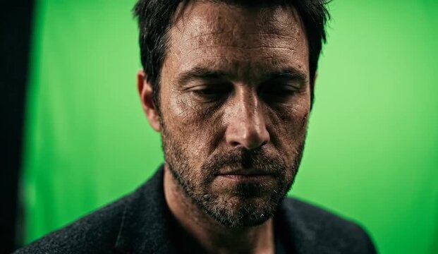 Man with serious expression looking directly at camera against green screen background