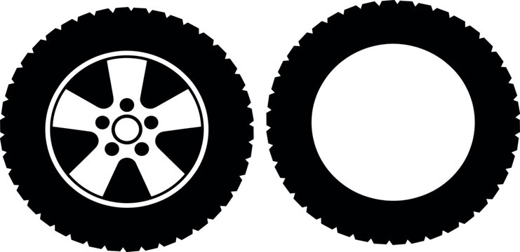 Black and white tire and wheel icons with hubcap design