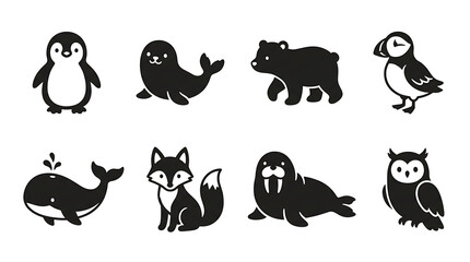 Obraz premium Cute Arctic animal silhouette icons with simple rounded shapes isolated on white background for children’s and playful design projects.