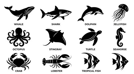 Obraz premium Black silhouette ocean animal icons featuring marine wildlife isolated on white background for aquatic branding and educational design projects.
