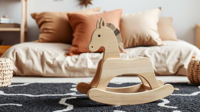 Cozy children's room. Wooden horse standing on the floor near the bed