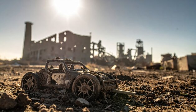 A Caked Mud Toy Car Wreckage Lying Forlornly in a Desolate Industrial Field Under Bright Sun