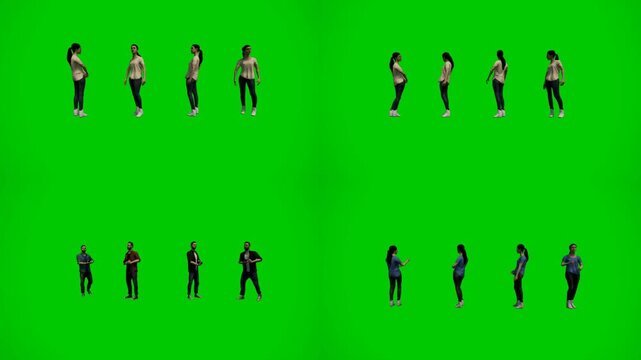 3d animated cartoon animation business casual people walking and standing on green screen chromakey background. Mixed group of animated characters in professional and relaxed outfits, perfect for corp