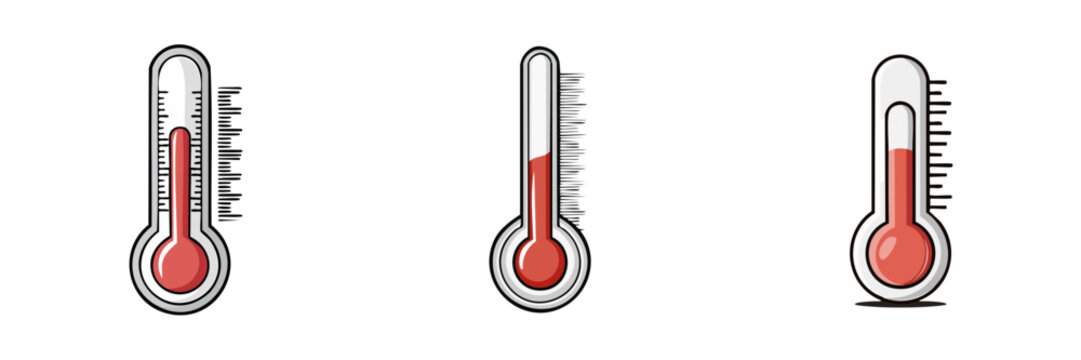 Set of three thermometers with red liquid and measurement scales