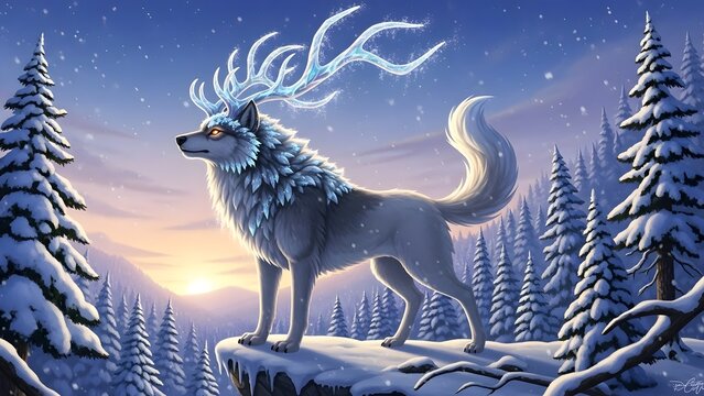 Majestic winter wolf with icy antlers stands proudly on a snow-covered cliff overlooking a frozen forest during sunrise
