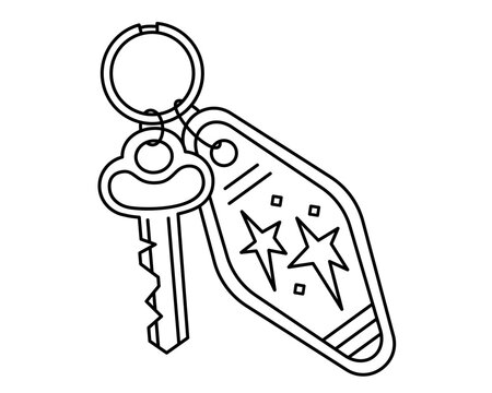 Hand drawn outline illustration of hotel keychain. Flat vector real estate line art sticker doodle. Protection or access icon. Travel apartment. Housing for rent. Vintage motel key tag. Isolated
