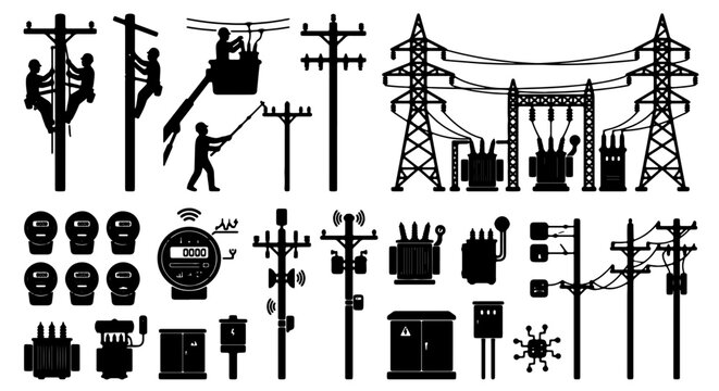 Electric Power Infrastructure Icons Set, Utility Pole and Transformer Silhouettes, Energy Grid Components Collection