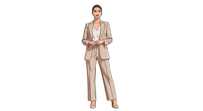 Professional Woman in Beige Business Suit Standing Isolated on White Background