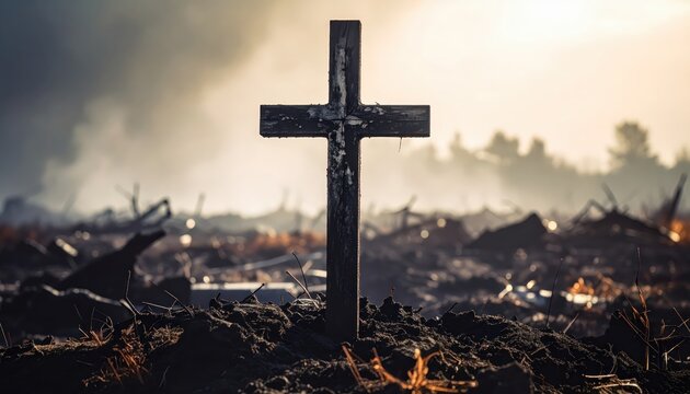 A Charred Wooden Cross Standing Solitary in a Field of Ashes, Symbolizing Hope Amidst Devastation