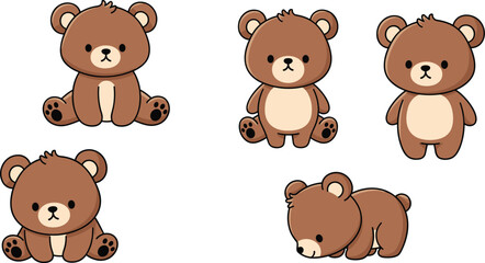 Obraz premium Cute Teddy Bear Vector Illustration Set Featuring Chibi Brown Bears Sitting Standing and Sleeping for Baby Nursery Room Graphic Designs