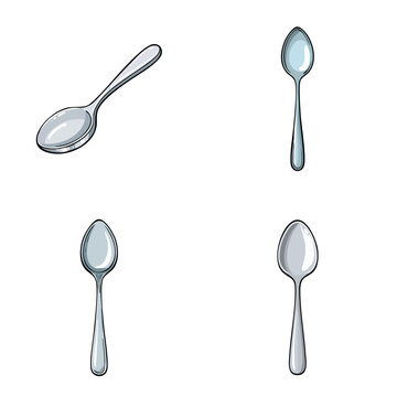 Set of four shiny metal spoons illustrated in various angles