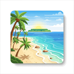 Obraz premium Cartoon beach scene with palm trees, island, ocean, and sunny sky.