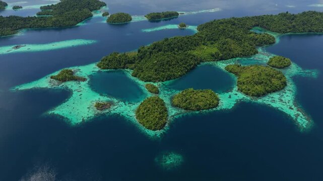 Spectacular drone flyover along endless remote Banggai island coasts &ndash; Beautiful tropical landscapes with lush palm trees during bright sunny day, premium Indonesia tourism advertising background