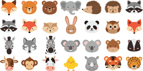 Obraz premium Cute Cartoon Animal Faces Avatar Vector Icon Set Featuring Jungle Safari and Farm Animals for Kids Nursery Playroom Graphic Designs