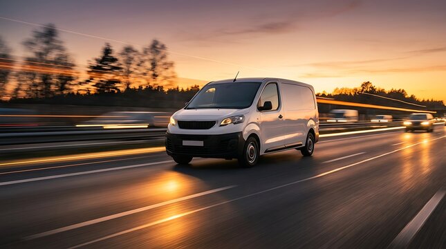 White delivery van driving on highway at sunset with motion blur and light trails.