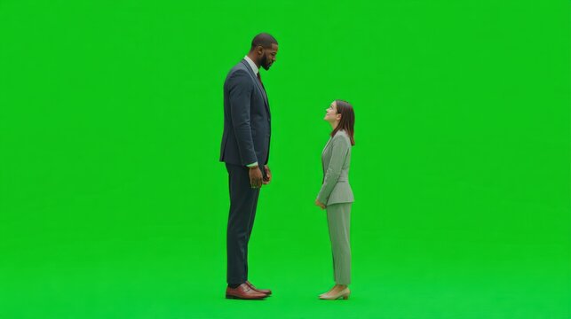 Two business professionals, one significantly taller, facing each other on a green screen
