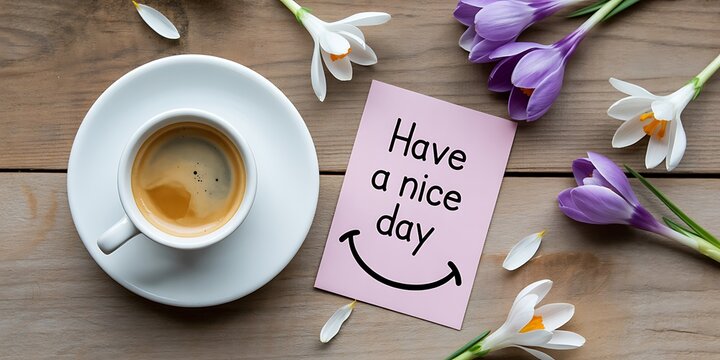 Coffee cup and note with Have a nice day on wooden table