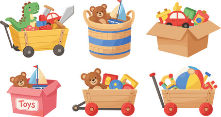 Obraz premium Cute Kids Toy Boxes and Wooden Wagons Vector Set with Teddy Bears Dinosaur and Cars for Nursery Playroom Storage Designs