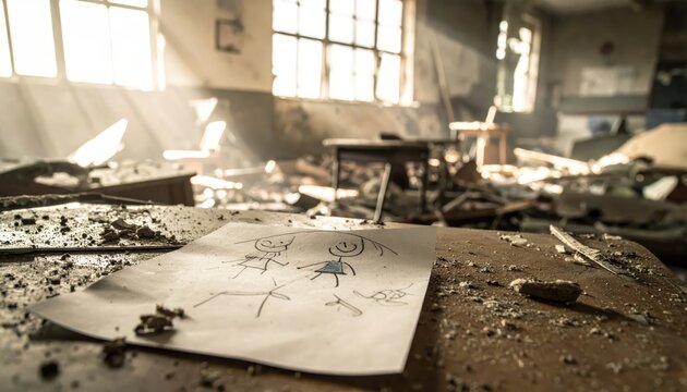 A child's smudged and torn drawing of stick figures and a sun rests on a dusty table in an abandoned, sunlit classroom.