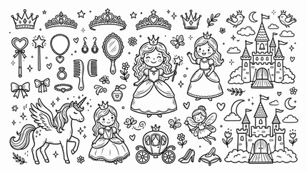 Obraz premium A whimsical illustration of princesses, unicorns, and fairy tale elements in a black and white coloring book page. , jpg, vector icons sets, png,
