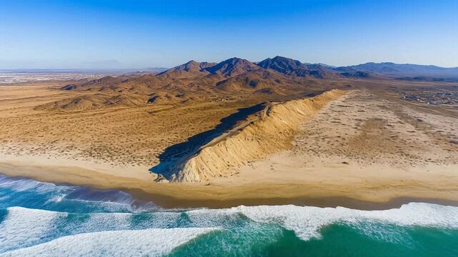 Wide coastal landscape with mountains adjacent to sandy beach and ocean