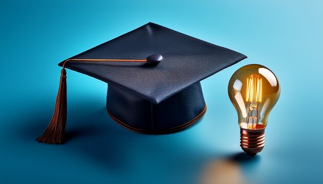 an innovative educational image showcasing a bachelor cap and a light bulb on a blue background photo