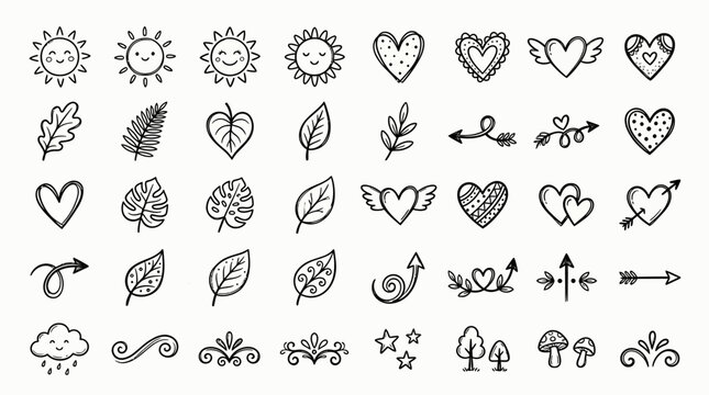 A collection of whimsical line drawings featuring hearts, leaves, and other cute symbols on a white background. , jpg, vector icons sets, png,