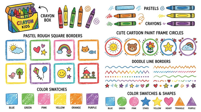 A colorful illustration of crayons and various artistic borders and shapes for kids , jpg, vector icons sets, png,
