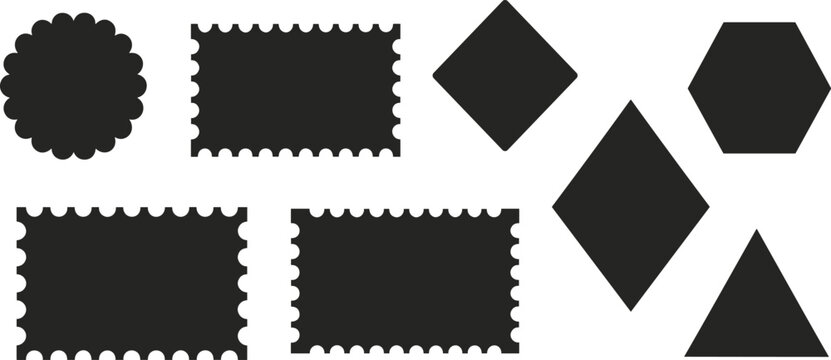 Black geometric postage stamp silhouette shapes set, blank frame badges collection vector design illustration