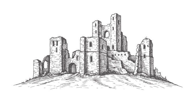 Ancient stone castle ruins a grassy hill sketched in monochrome architecture
