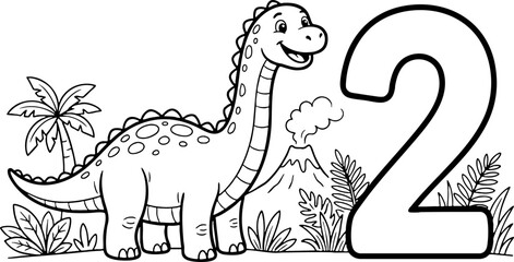 Fototapeta premium Dinosaur Number 2 Coloring Page for Kids Prehistoric Illustration