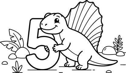 Naklejka premium Dimetrodon Dinosaur with Number 5 Coloring Page for Kids