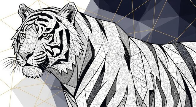 Artistic tiger illustration with intricate geometric patterns and gold