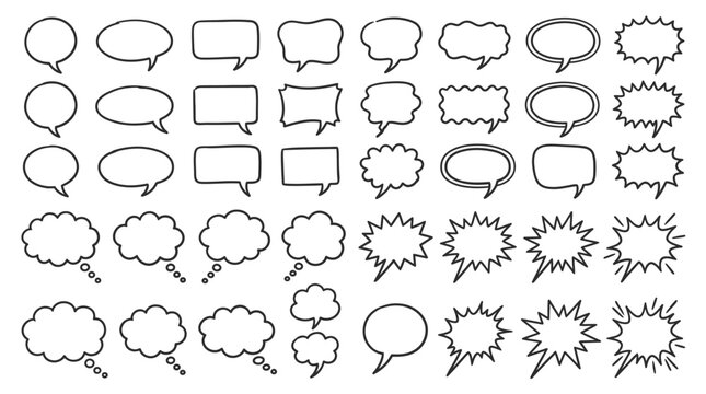 A collection of various comic book style speech bubbles and thought clouds on a white background , jpg, vector icons sets, png,