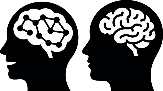 Silhouette illustration of two human heads showing brain activity and network connections